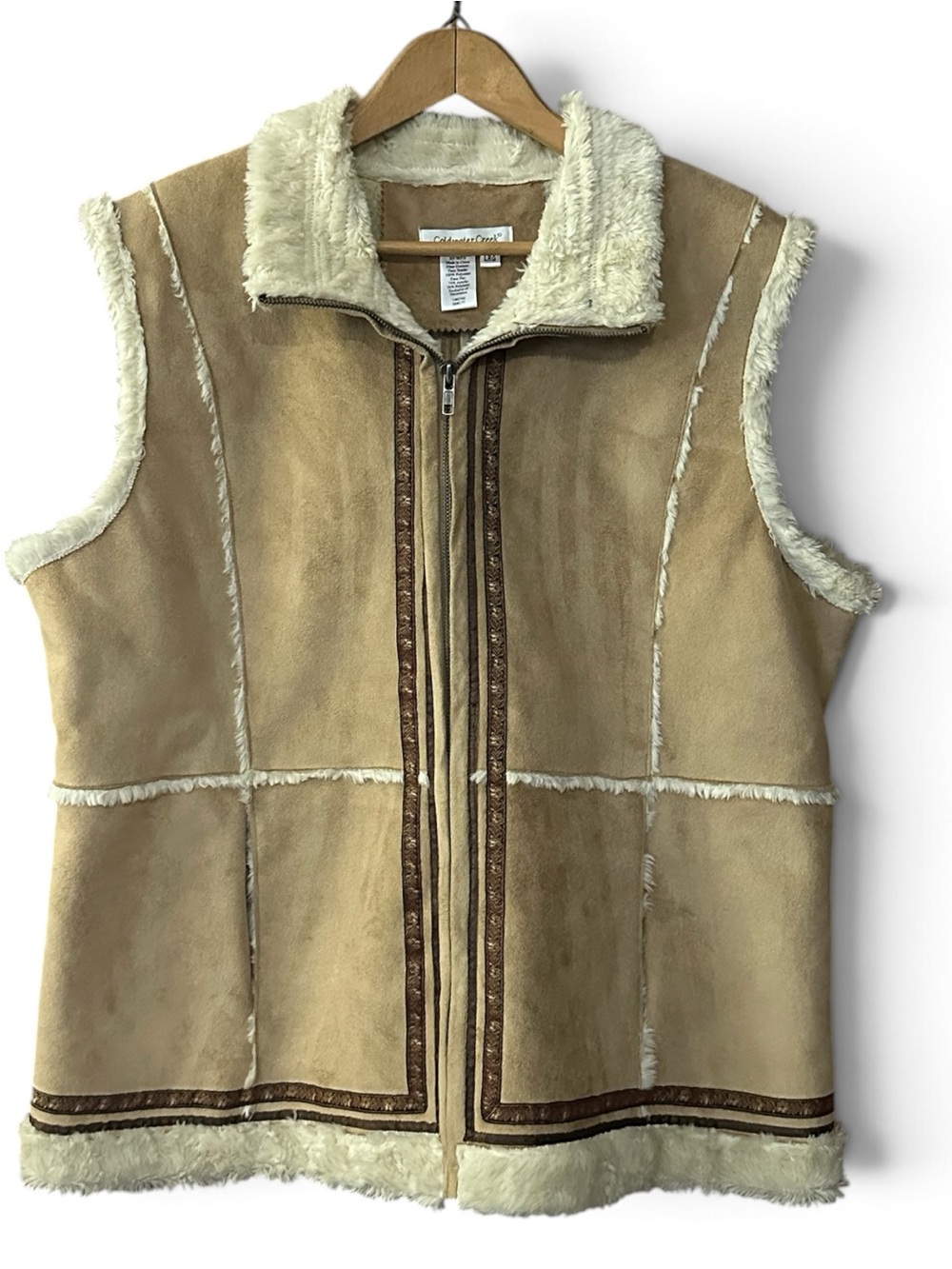 Coldwater Creek Tan Faux Suede Sherpa Vest Western Aztec Trim Sz Large